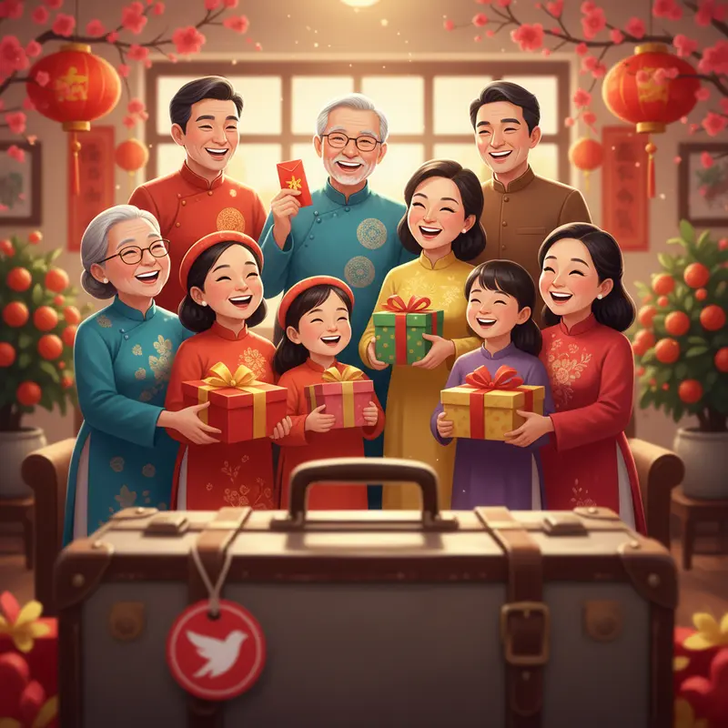 Gia đình Việt Nam sum họp vui vẻ trong phòng khách trang trí Tết bên cạnh vali hành lý