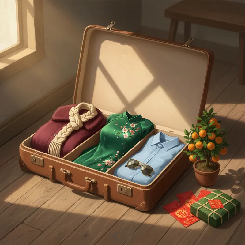 Vali du lịch mở ra với quần áo mùa đông và mùa hè cùng các vật phẩm Tết truyền thống.