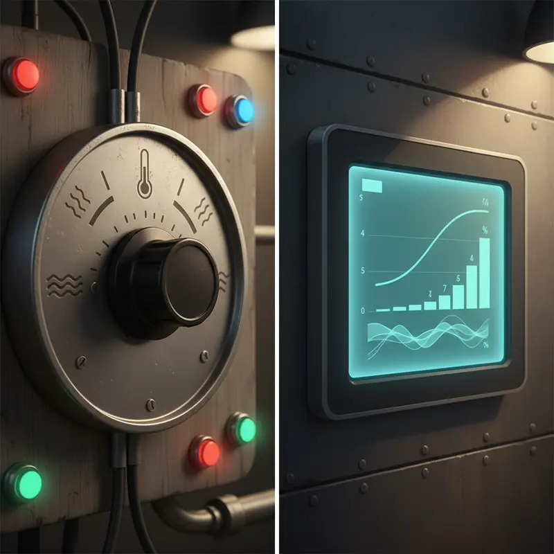 Sơ đồ so sánh luồng khí đứng ở máy gia đình và luồng khí ngang ở máy công nghiệp.