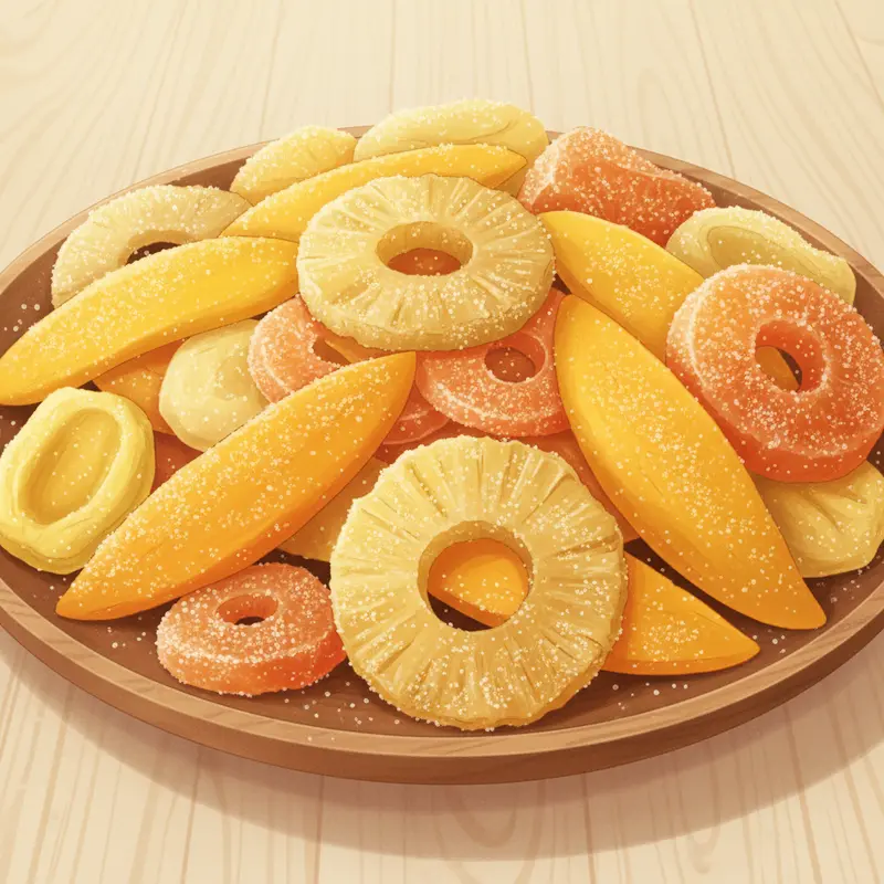 Các loại hoa quả sấy dẻo phổ biến với lớp đường phủ hấp dẫn.