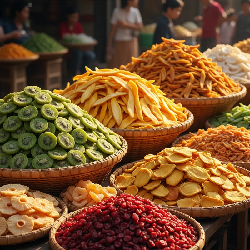 Hoa quả sấy được bày bán trong các rổ lớn tại chợ truyền thống.