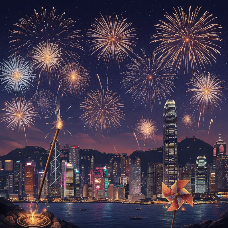 Pháo hoa trên cảng Victoria kết hợp với hình ảnh hương trầm và chong chóng may mắn.