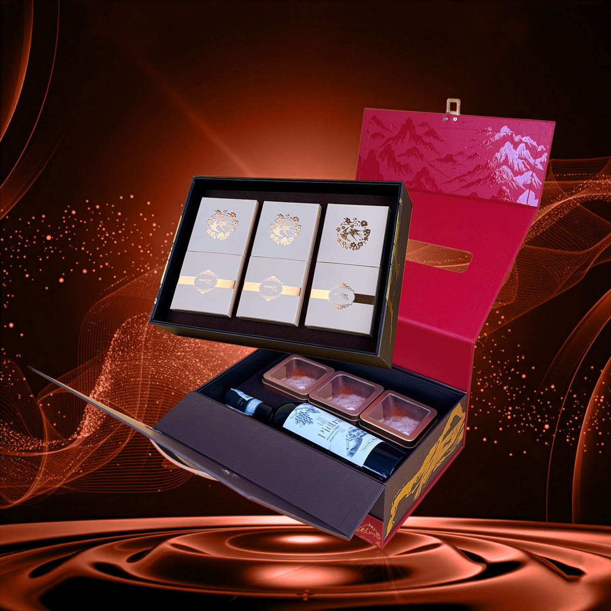 Hộp quà Tết La Casta Maison Luxury: Thiết kế vali 2 tầng Đỏ - Đen sang trọng, họa tiết non sông gấm vóc. Đa dạng quà tặng cao cấp: rượu vang, yến sào, nấm mối, hạt, trà.