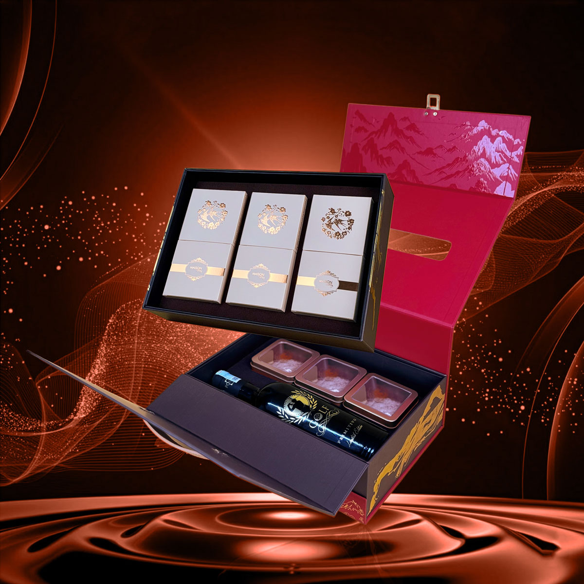 Hộp quà Tết La Casta Maison Luxury: Thiết kế vali 2 tầng Đỏ - Đen sang trọng, họa tiết non sông gấm vóc. Đa dạng quà tặng cao cấp: rượu vang, yến sào, nấm mối, hạt, trà.