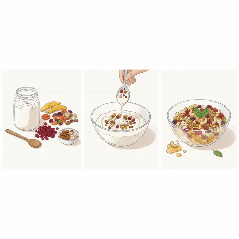 Bát sữa chua kết hợp nhiều loại hoa quả sấy, tạo nên bữa phụ đầy màu sắc và bổ dưỡng.