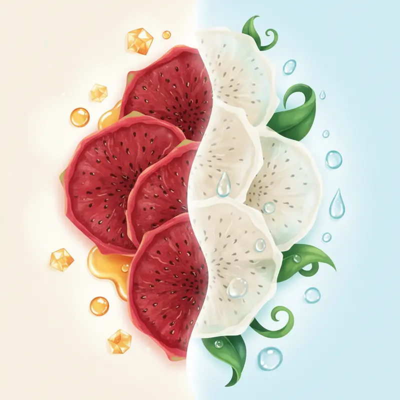 Sự tương phản màu sắc giữa thanh long ruột đỏ và ruột trắng sau khi sấy.