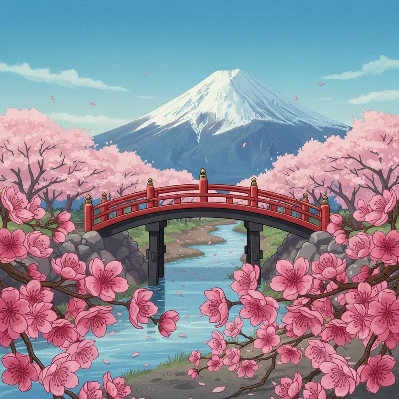 Hình ảnh hoa anh đào Kawazu màu hồng đậm nở rộ bên cầu đỏ truyền thống và núi Phú Sĩ phía xa.