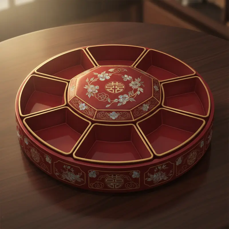Khay mứt sơn mài truyền thống với hình tròn tượng trưng cho sự viên mãn.
