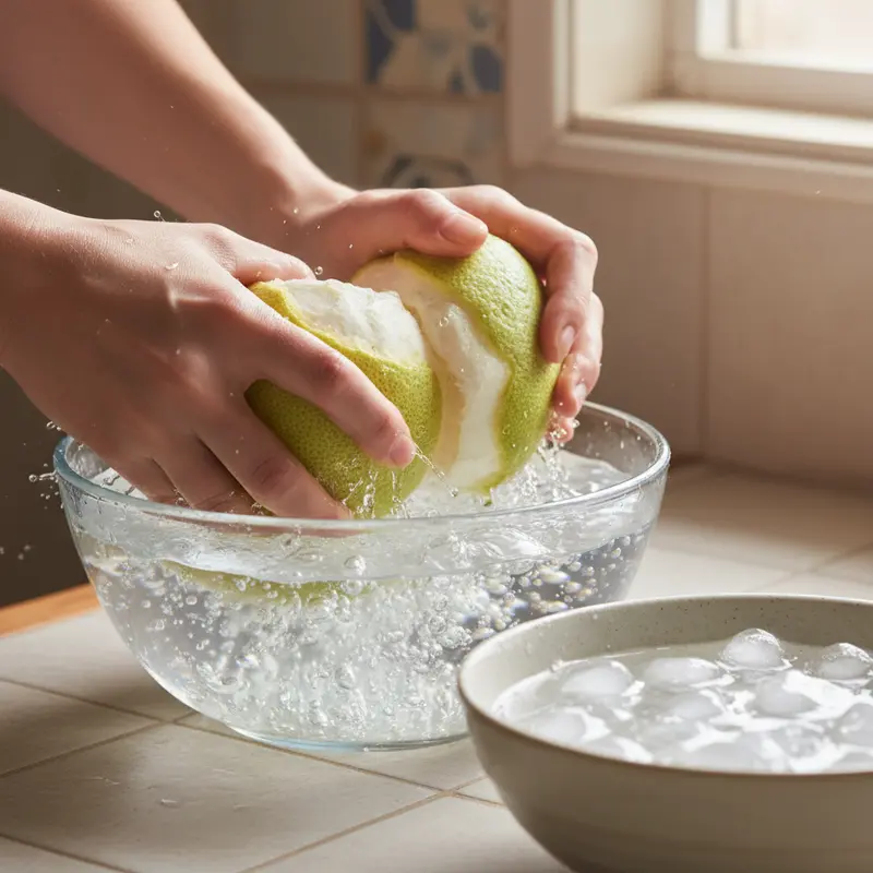 Cắt vỏ bưởi thành các sợi đều nhau để đảm bảo độ chín đồng đều.