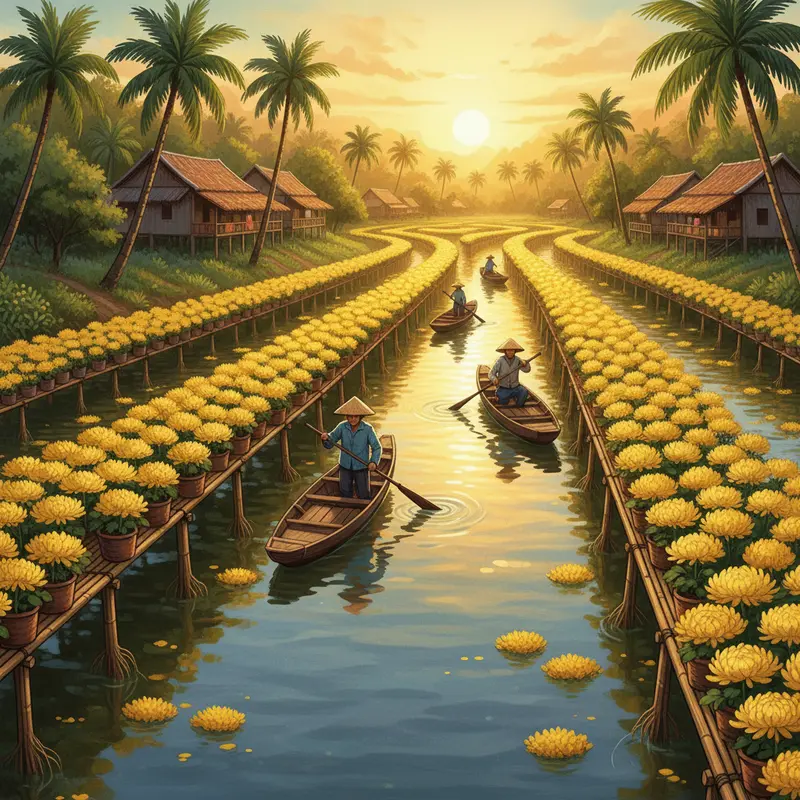 Ghe thuyền chở hoa tấp nập trên dòng sông Tiền báo hiệu Tết về.