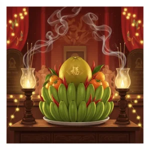Mâm ngũ quả miền Bắc được bày biện trang trọng trên bàn thờ gia tiên với nải chuối xanh, quả bưởi và hương khói ấm cúng.
