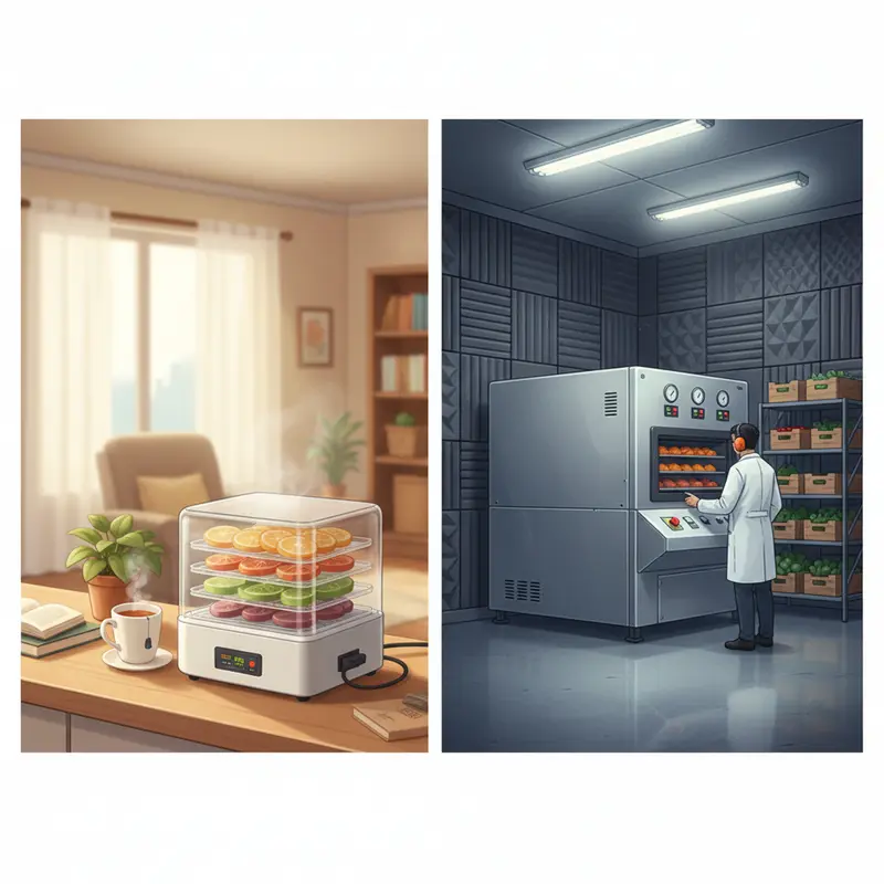 Sơ đồ so sánh luồng khí đứng ở máy gia đình và luồng khí ngang ở máy công nghiệp.