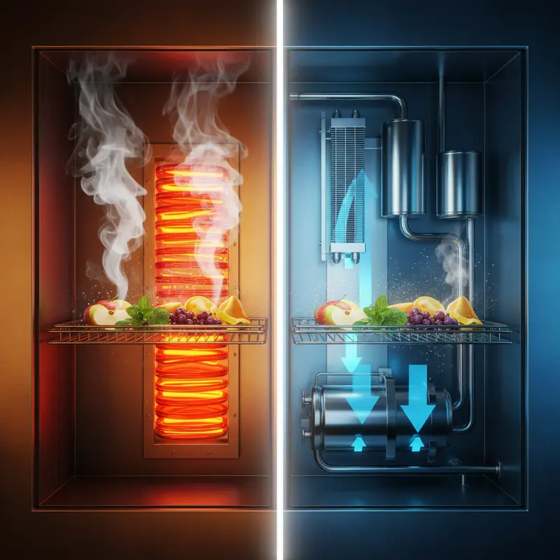 Sự đối lập giữa cơ chế gia nhiệt trực tiếp và tách ẩm bơm nhiệt.