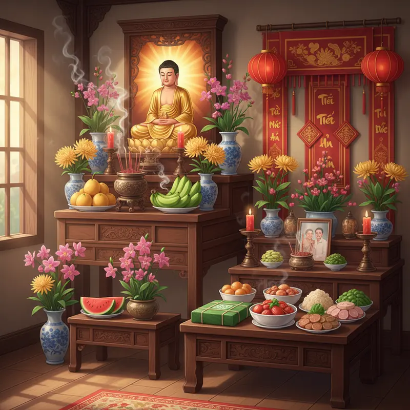 Sự thanh tịnh và từ bi là cốt lõi của không gian thờ Phật.