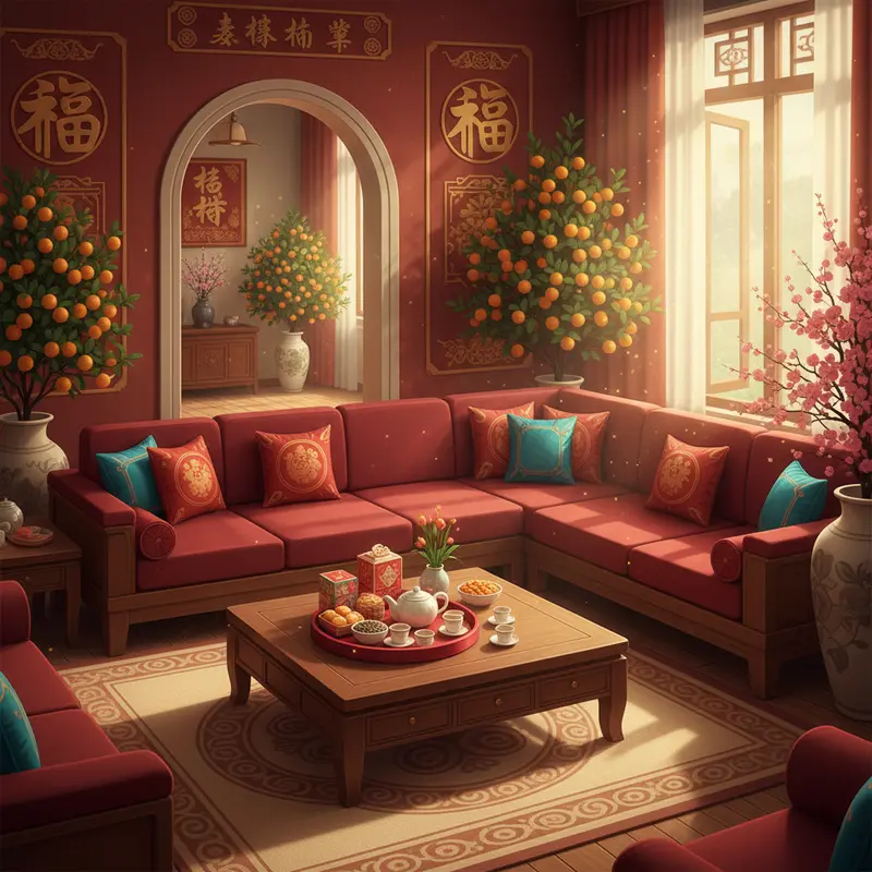 Không gian phòng khách ngày Tết với ghế sofa được sắp xếp hợp phong thủy, tạo cảm giác ấm cúng và sang trọng.
