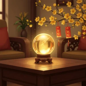 Quả cầu thạch anh vàng trên bàn trà gỗ với hoa mai vàng làm nền dịp Tết