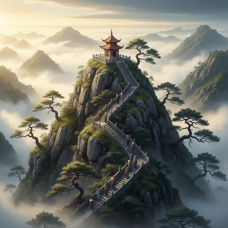 Chùa Đồng trên đỉnh thiêng Yên Tử trong sương sớm.