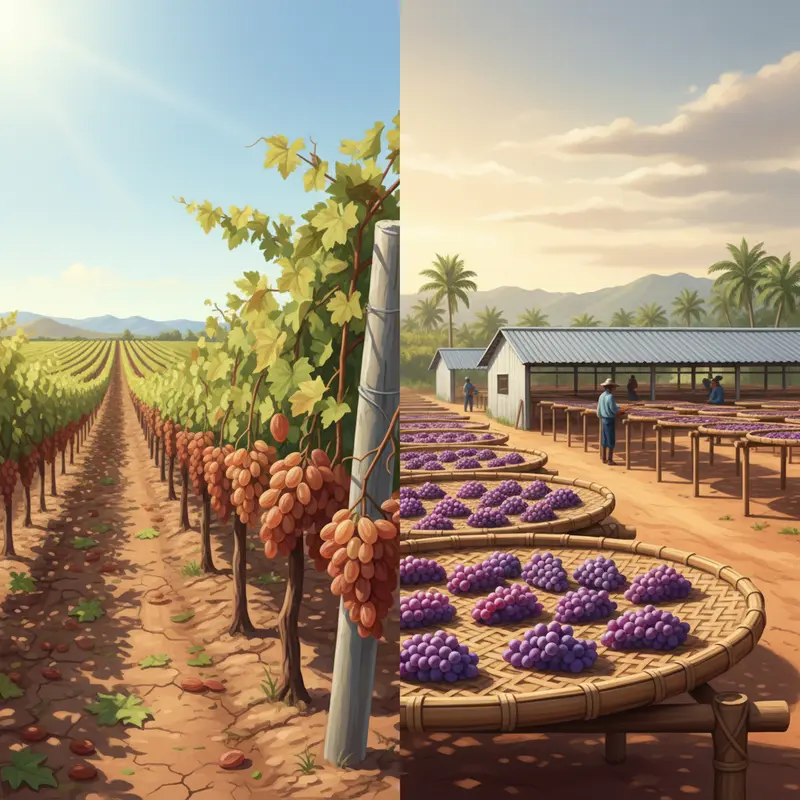 Sự đối lập giữa phương pháp treo giàn tự nhiên tại Úc và quy trình sấy sau thu hoạch tại Ninh Thuận.