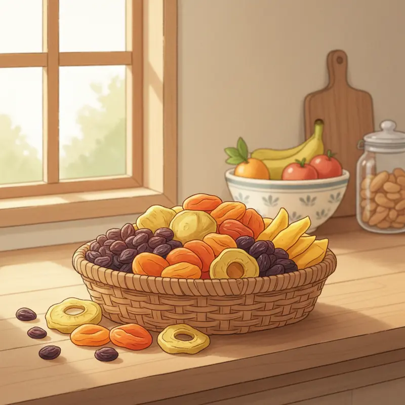 Một rổ hoa quả sấy đa dạng, thể hiện tính phổ biến và tiện dụng trong đời sống.