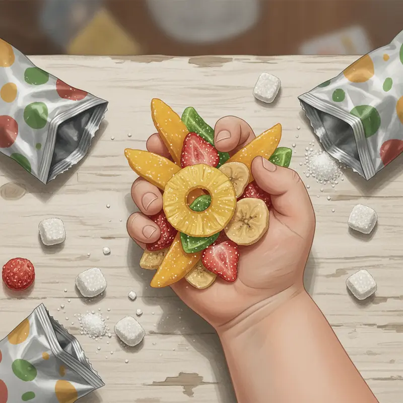 Các loại hoa quả sấy với màu sắc đa dạng bày trong bát thủy tinh.