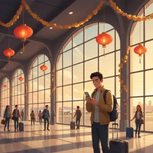 Khung cảnh sân bay quốc tế nhộn nhịp dịp Tết với hành khách đang kiểm tra điện thoại một cách vui vẻ.