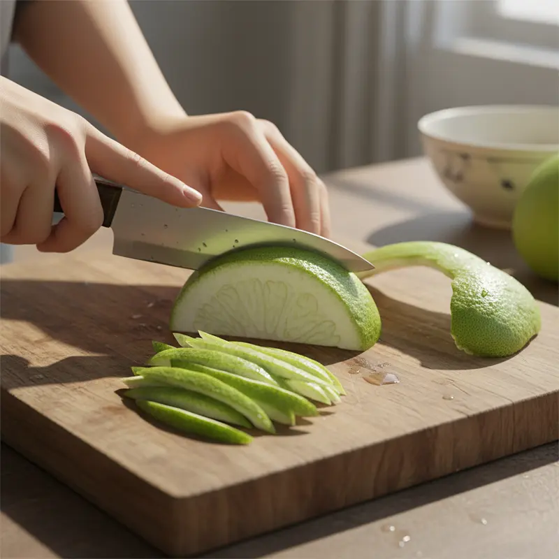 Cắt vỏ bưởi thành các sợi đều nhau để đảm bảo độ chín đồng đều.