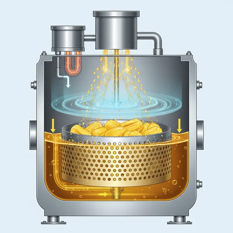 Mô hình nguyên lý hoạt động của buồng chiên chân không công nghiệp.