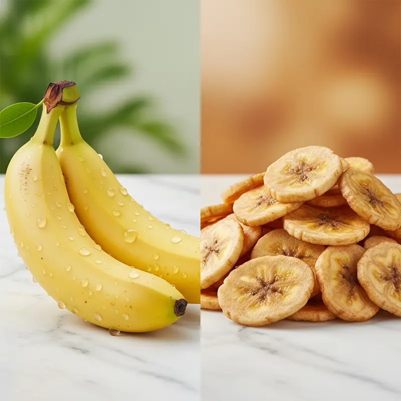 Sự khác biệt về độ ẩm và kết cấu giữa chuối tươi và chuối sấy.