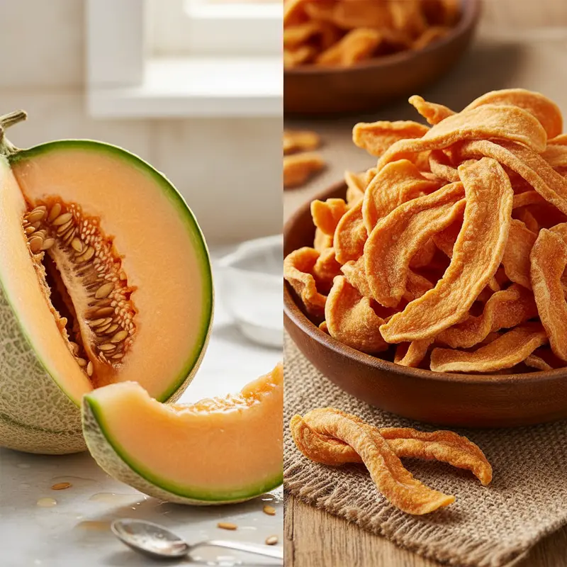 Cấu trúc dẻo mềm và màu sắc tự nhiên của dưa lưới sấy.