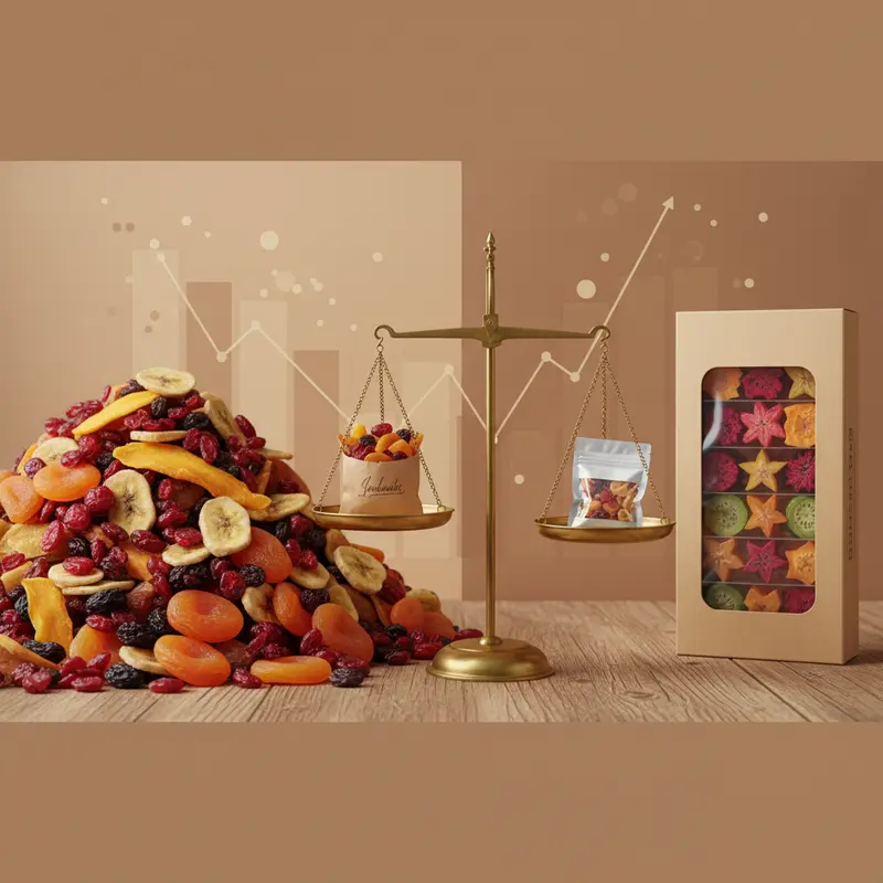 Hoa quả sấy được bày bán trong các rổ lớn tại chợ truyền thống.