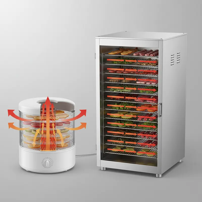 Sơ đồ so sánh luồng khí đứng ở máy gia đình và luồng khí ngang ở máy công nghiệp.