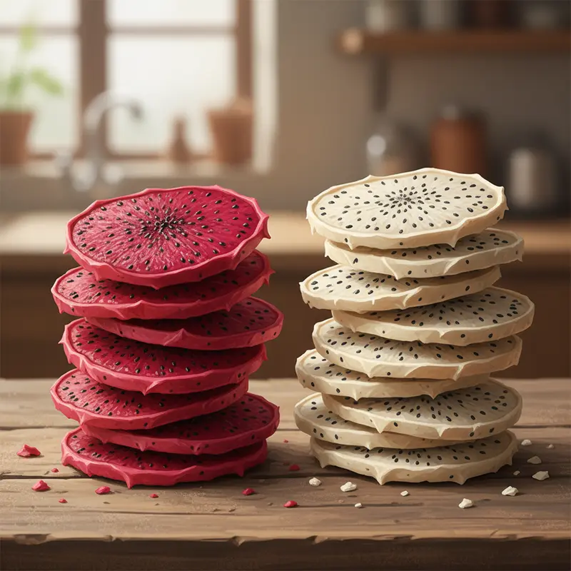 Sự tương phản màu sắc giữa thanh long ruột đỏ và ruột trắng sau khi sấy.