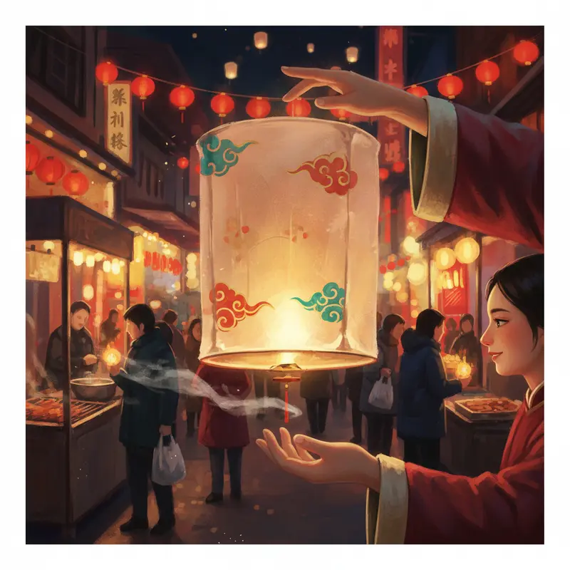 Hình ảnh nghệ thuật kết hợp giữa đèn trời và ánh sáng chợ đêm Đài Loan dịp Tết