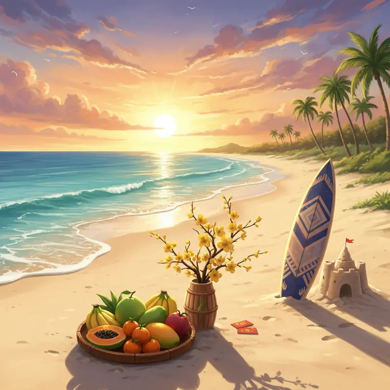 Mâm ngũ quả và hoa mai vàng đặt trên bãi biển Úc bên cạnh ván lướt sóng.