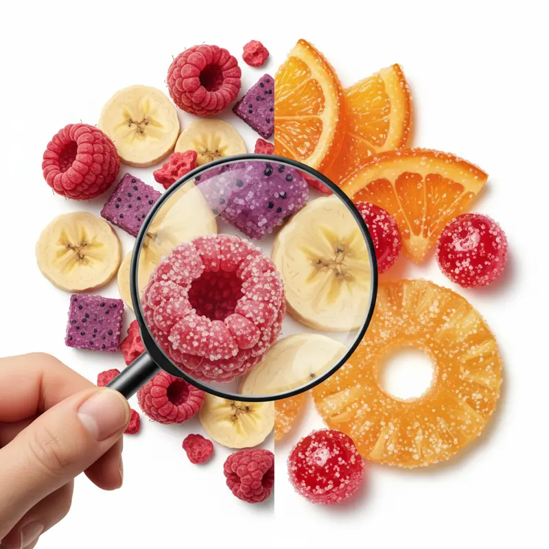 Sự khác biệt giữa hoa quả sấy tự nhiên và mứt chứa đường.