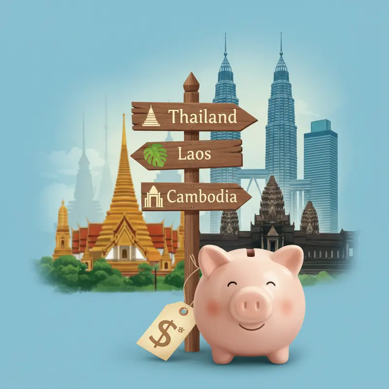 Biển chỉ dẫn các hướng đi du lịch Thái Lan, Lào, Campuchia cùng ống heo tiết kiệm dịp Tết.