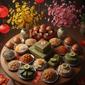 Hình ảnh tổng hợp các món quà đặc sản ngày Tết trên bàn gỗ với hoa mai và hoa đào.