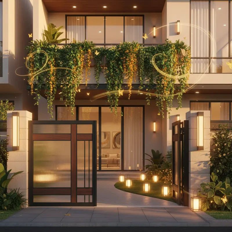 Hình ảnh tổng quan ngôi nhà có cổng và ban công thiết kế hợp phong thủy