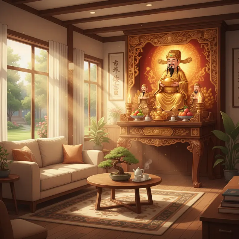 Tổng quan phòng khách với bàn thờ Thần Tài đặt ở vị trí vượng khí, ánh sáng hài hòa.