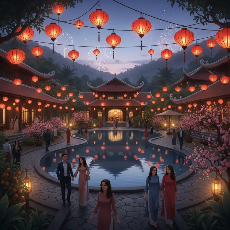 Toàn cảnh resort 5 sao Việt Nam trang trí đèn lồng đỏ rực rỡ vào buổi tối dịp Tết