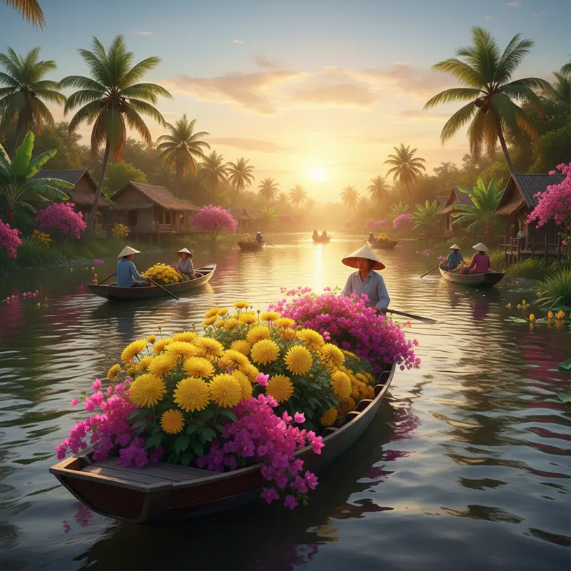 Thuyền hoa rực rỡ trên sông Mekong với hậu cảnh là dừa nước và bầu trời xanh