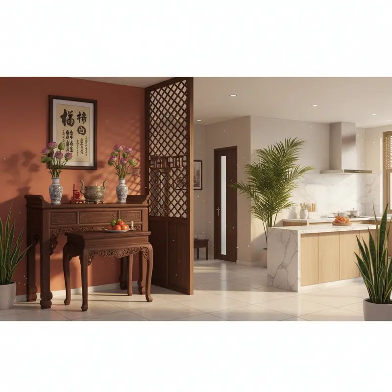 Bàn thờ được bài trí hợp phong thủy với vách ngăn và cây xanh