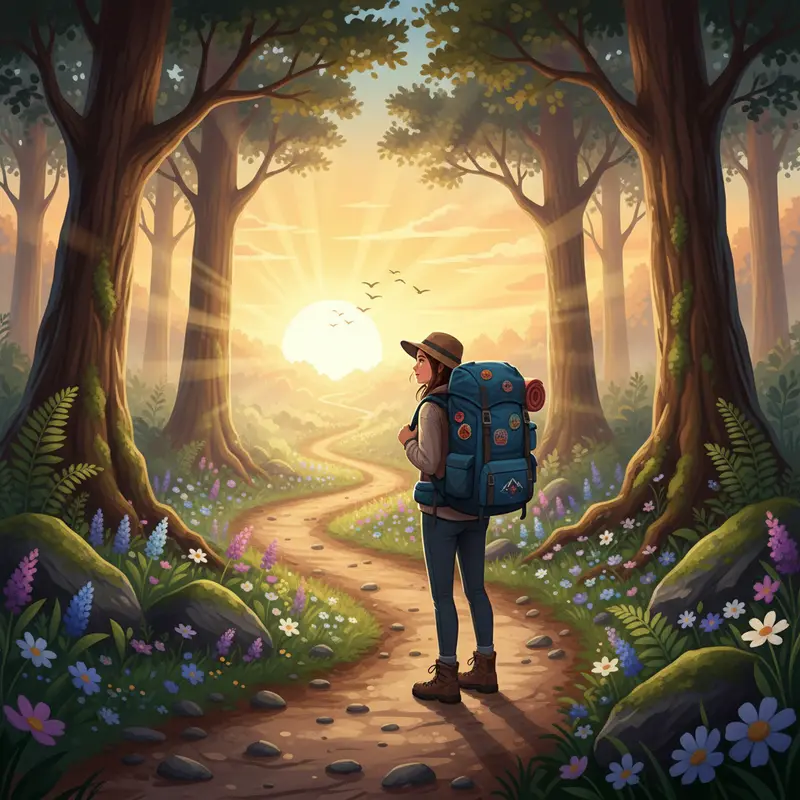 Người du lịch đeo ba lô đứng trước con đường thiên nhiên dẫn lối đến bình minh rực rỡ.