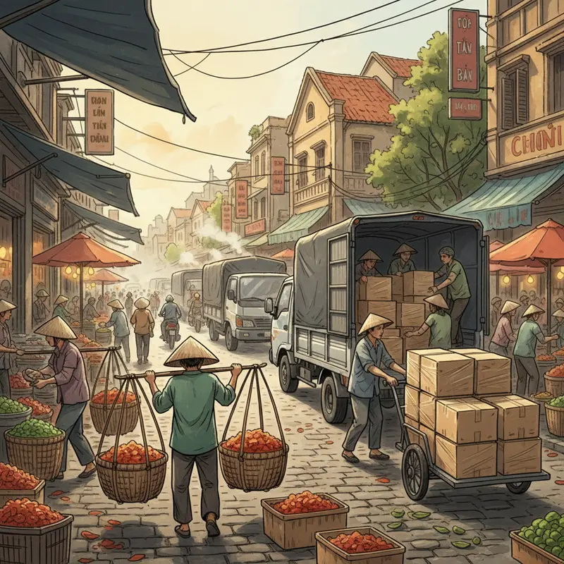 Khung cảnh nhộn nhịp tại chợ đầu mối vào sáng sớm khi hàng mới về.