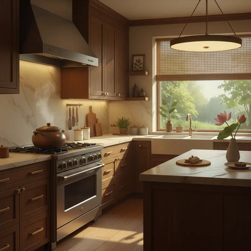 Gian bếp ấm cúng tượng trưng cho sự thịnh vượng và hạnh phúc gia đình.