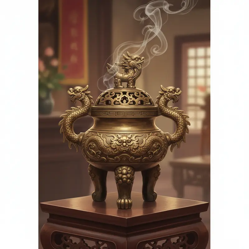 Trọn bộ ngũ sự bằng đồng gồm đỉnh, hạc và chân nến.