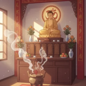 Hình ảnh ban thờ Việt Nam với bát hương Phật và Gia tiên được sắp xếp đúng phong thủy