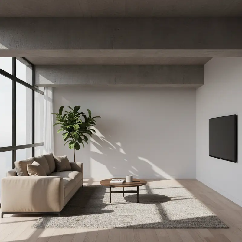 Xà ngang lộ thiên phía trên sofa tạo cảm giác đè nén không gian.