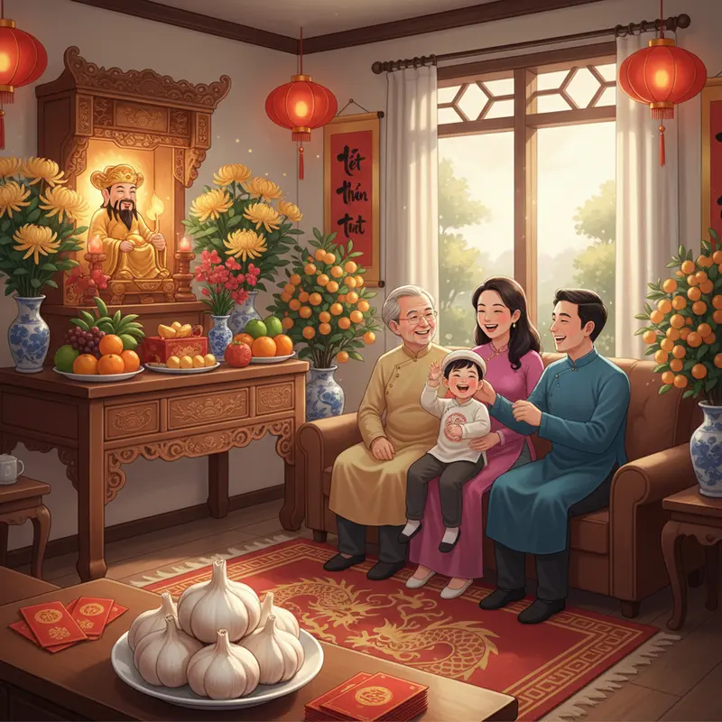 Tổng quan bàn thờ Thần Tài ngày tết với đĩa tỏi phong thủy