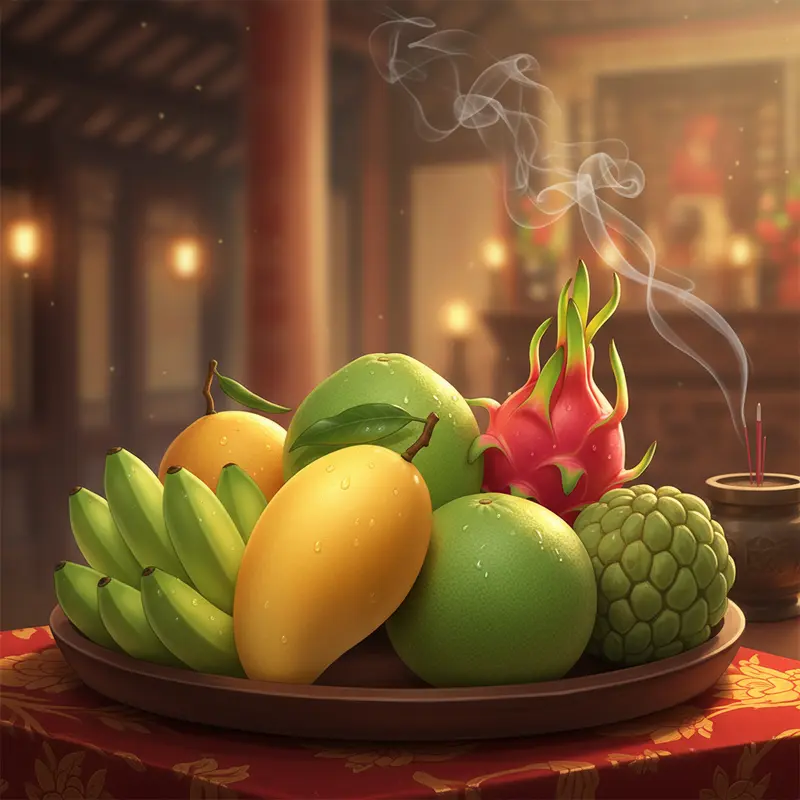 Mâm ngũ quả tươi thể hiện lòng thành kính và sự kết tinh của đất trời.